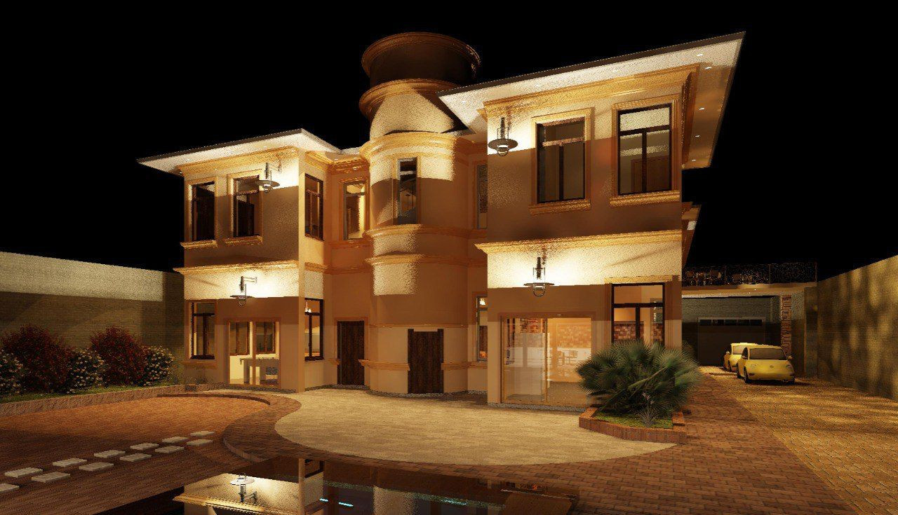 Fachada de vivienda iluminada de noche