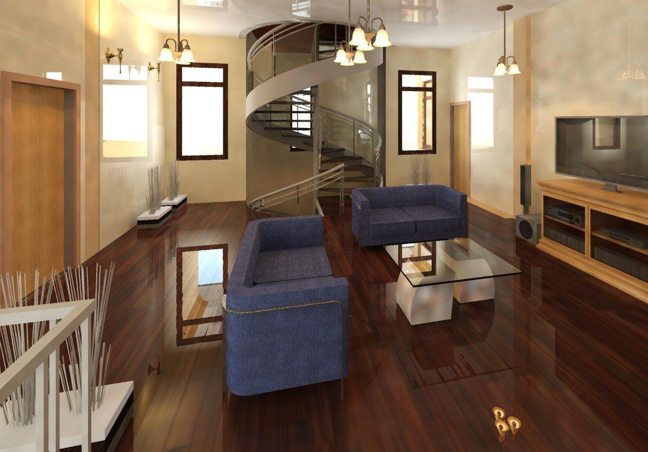 Sala de estar con escalera curva y doble altura